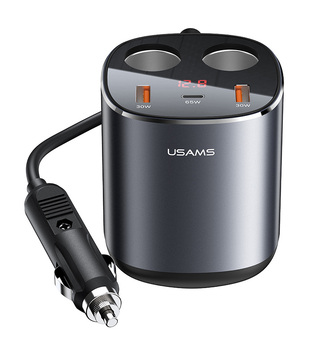 USAMS car charger C28 cigarette lighter sockets & 3x ports, 245W, grey