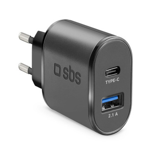 SBS TRAVEL CHARGER 2 PORTS USB/TYPE C 2.1A black