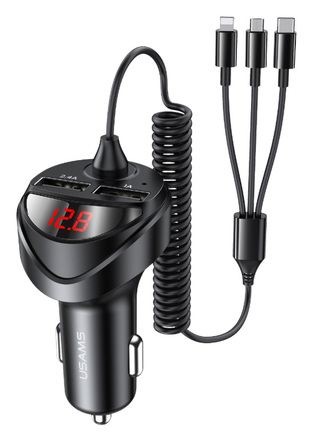 USAMS C22 Car Charger with 3 in 1 Cable & Display, 3.4A, Black