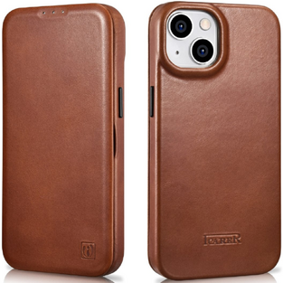 iCarer Curved Edge Oil Wax Leather Folio - Δερμάτινη MagSafe Flip Θήκη-Πορτοφόλι - Apple iPhone 14 - Brown